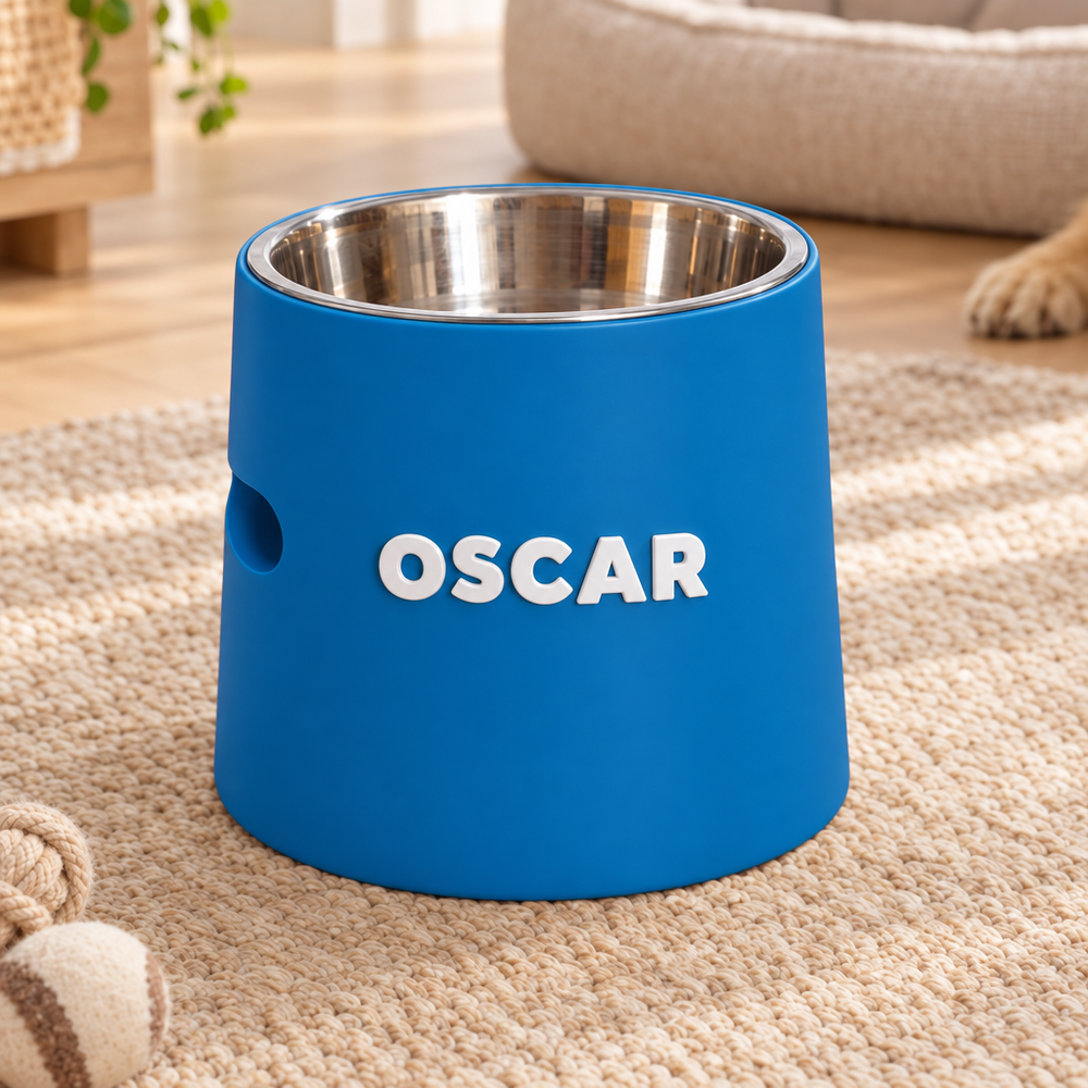 A blue pet feeder bowl with a stainless steel interior, personalized with the name 'OSCAR' in white text, sitting on a beige carpet in a home setting.