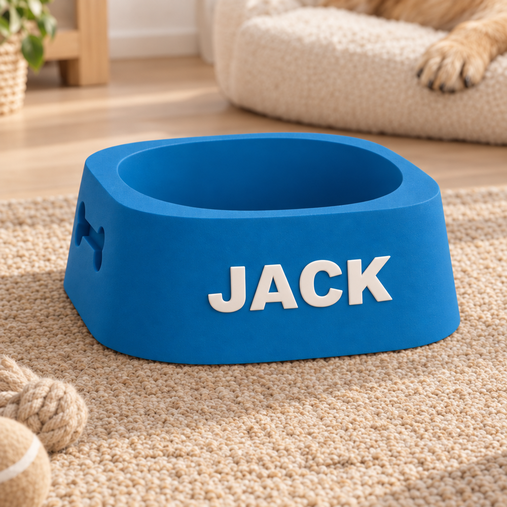 A bright blue pet food bowl with the name 'JACK' in raised white letters on the front, placed on a beige carpet in a home setting with a dog's paw visible in the background.
